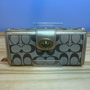 Coach Signature Canvas Turn Lock Wallet - Gold and Tan